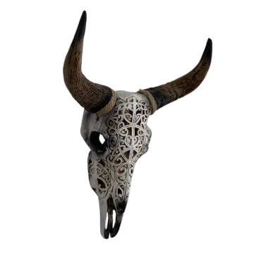 Missolula Beyaz Boğa Kafası Duvar Dekoru, 46 cm Tribal İşlemeli Obje, Dekoratif Heykel Ev ve Ofis