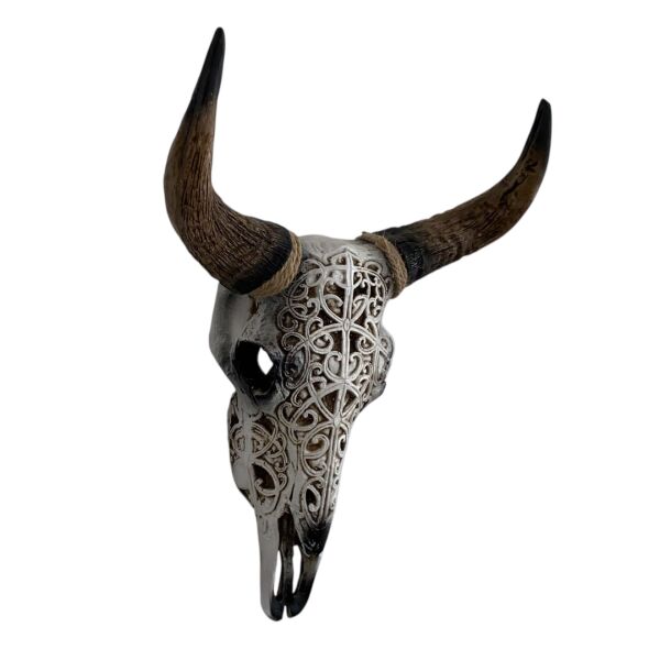 Missolula Beyaz Boğa Kafası Duvar Dekoru, 46 cm Tribal İşlemeli Obje, Dekoratif Heykel Ev ve Ofis