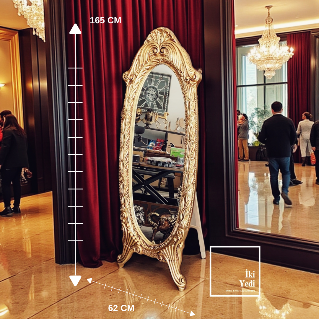 Eugene Gold Oval Ayaklı Boy Aynası 165 cm, Duvar Tipi Dekoratif Altın Renk Çerçeveli Lüks Ayna