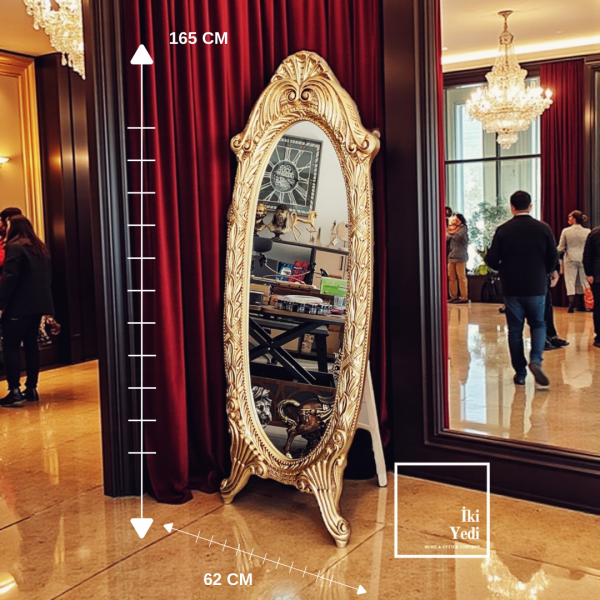 Eugene Gold Oval Ayaklı Boy Aynası 165 cm, Duvar Tipi Dekoratif Altın Renk Çerçeveli Lüks Ayna