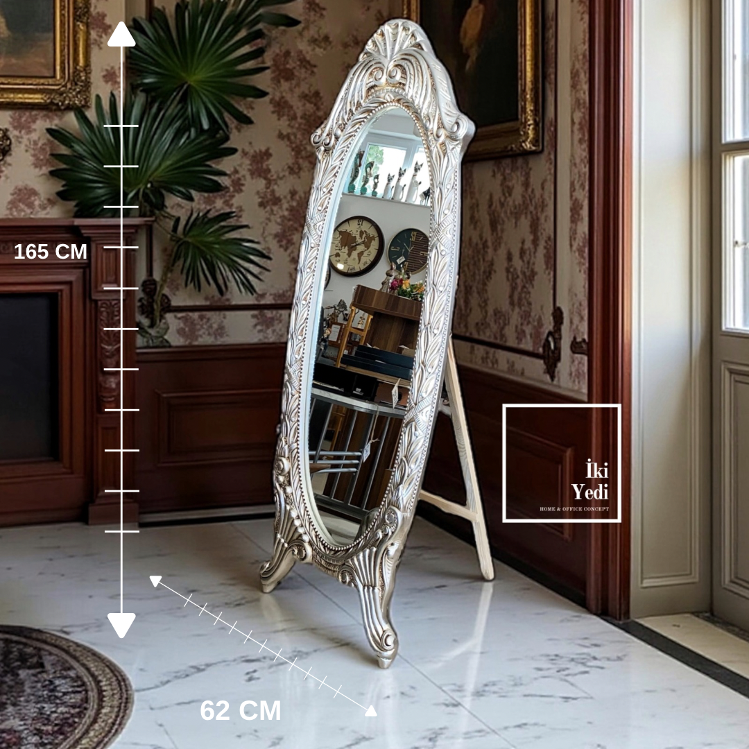 Eugene Oval Ayaklı ve Duvar Tipi Boy Aynası, 165x62 cm, Varak Desenli Lüks Çerçeve Gümüş Eskitme