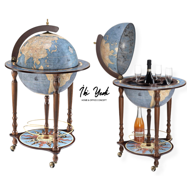 Bluedislas Mavi Dünya Bar Küresi, Ahşap Ayaklı Şaraplık, Dekoratif İçki Arabası ve Sunum Sehpası