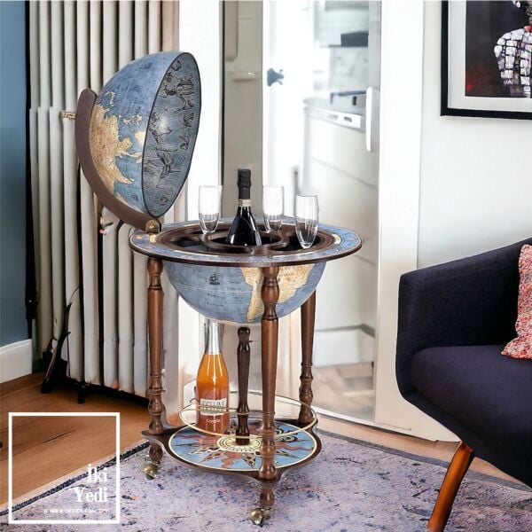 Bluedislas Mavi Dünya Bar Küresi, Ahşap Ayaklı Şaraplık, Dekoratif İçki Arabası ve Sunum Sehpası