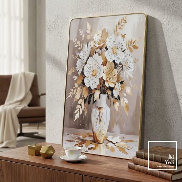 Laelius Vazolu Çiçek Desenli Duvar Tablosu 60x40 cm Salon ve Ofis Duvar Dekoru Gold Çerçeveli Tablo