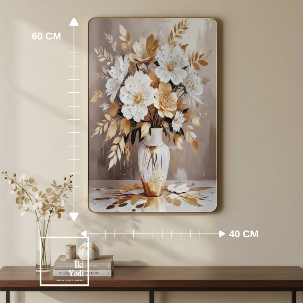 Laelius Vazolu Çiçek Desenli Duvar Tablosu 60x40 cm Salon ve Ofis Duvar Dekoru Gold Çerçeveli Tablo