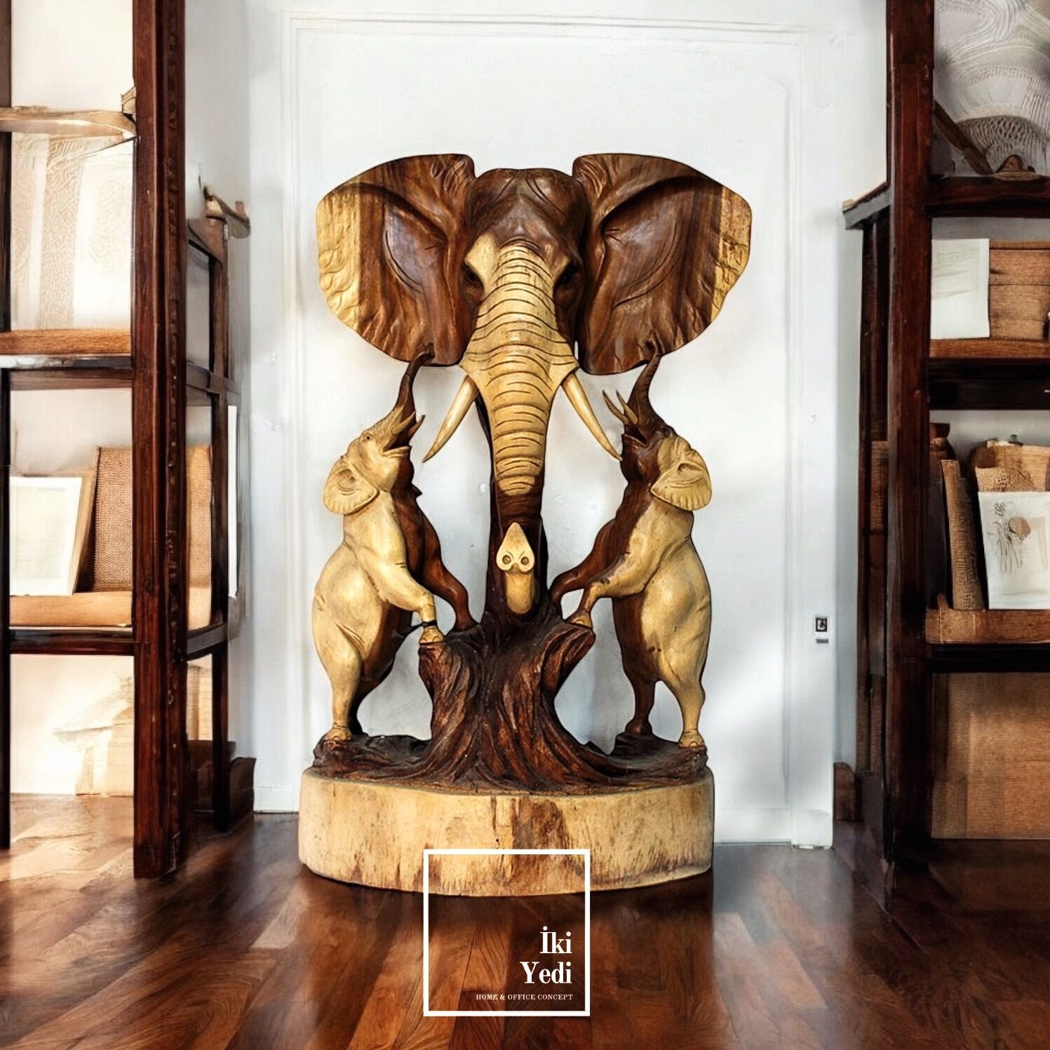 Roef 106 cm El Oyması Fil Heykeli Masif Ahşap Fil Figürü Büyük Boy El Yapımı Dekoratif Obje Sanat