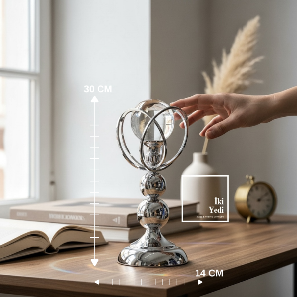 Lotche Cam Küreli Masa Üstü Metal Dekoratif Obje Modern Ofis Salon Aksesuarı Şık Masa Dekoru Hediye