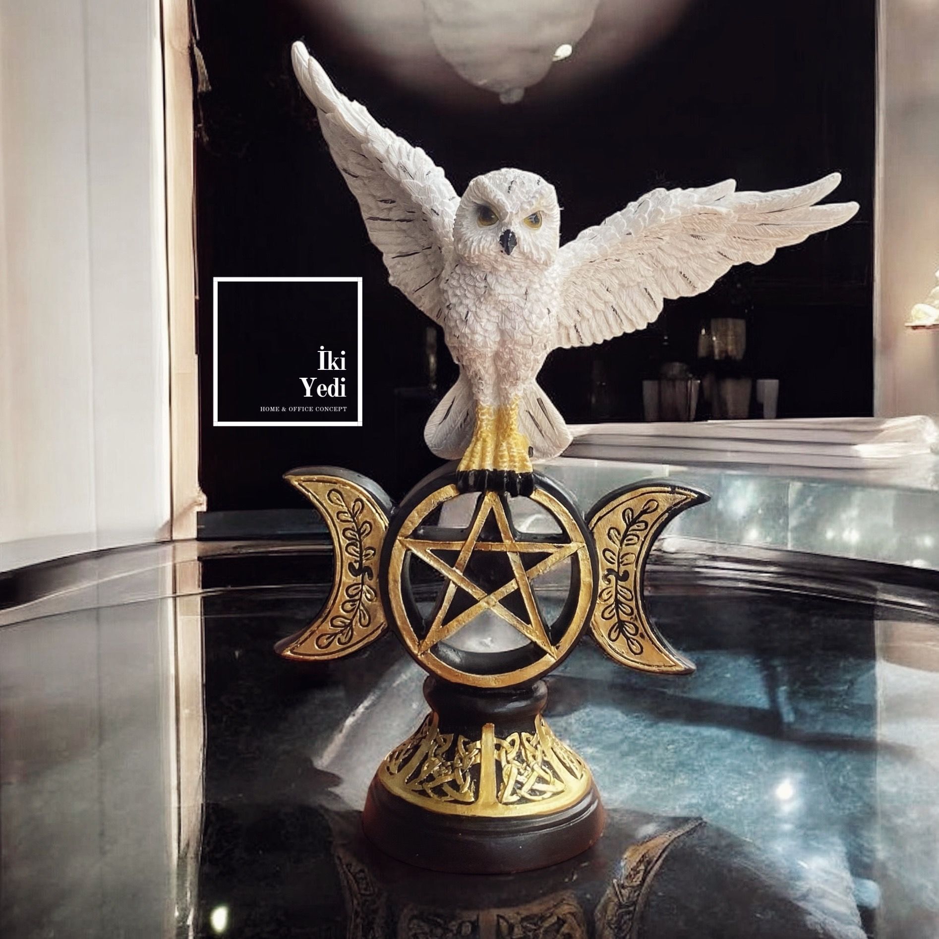 Pentagramlı Baykuş Heykeli Kanatlı Baykuş Figürü Gotik Dekoratif Obje Ofis Hediyesi Ev Baykuş Biblo