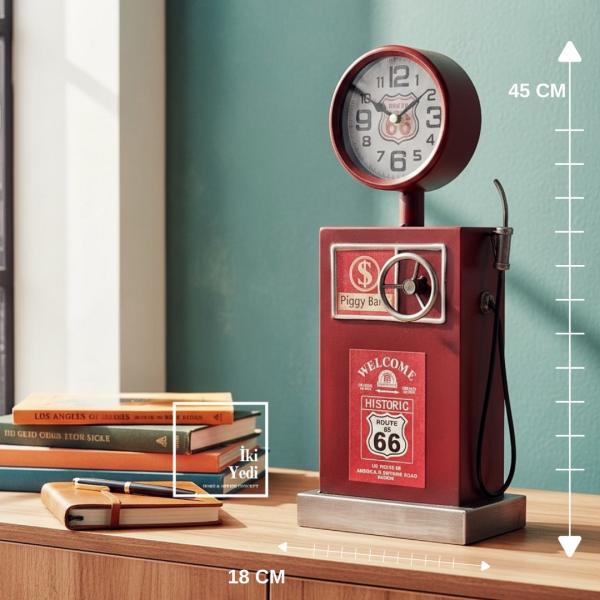 RK66 Retro Route 66 Masa Üstü Saat Benzin Pompası Tasarımlı Ofis Ev Dekor Aksesuarı Hediyelik Eşya