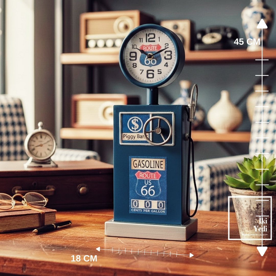 RK66 Retro Route66 Benzin Pompası Masa Üstü Saat Ofis Ev Dekoratif Obje Hediyelik Eşya Vintage Obje