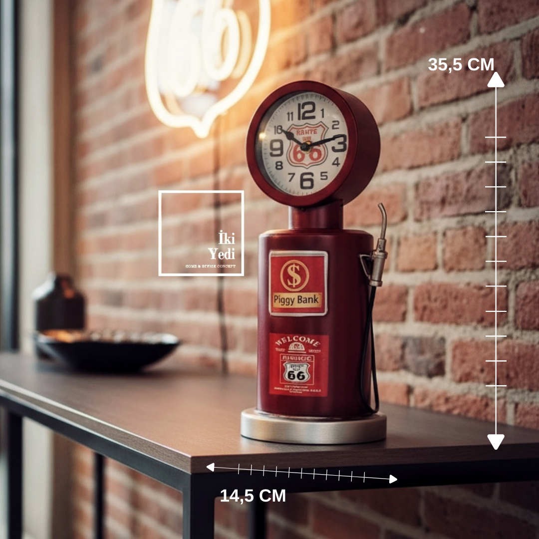RK66 Kırmızı Retro Route 66 Benzin Pompası 35 cm Metal Masa Saati Ofis Ev Dekor Obje Hediyelik Eşya