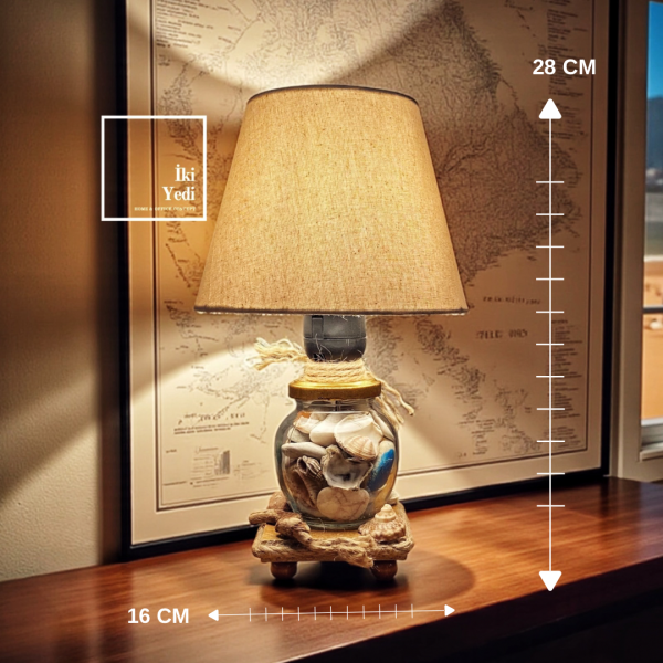 Denzel 771 Deniz Kabuklu Dekoratif Abajur 28 cm Masa Lambası Cam Gövdeli Ahşap Tabanlı Aydınlatma