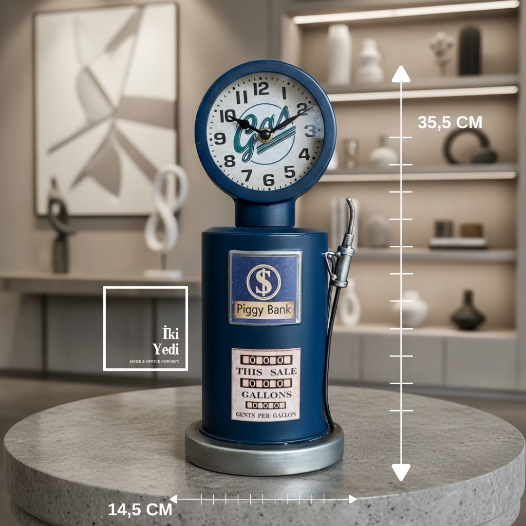 RK66 Mavi Retro Route 66 Benzin Pompası 35 cm Metal Masa Saati Nostaljik Hediyelik Ofis Hediyesi