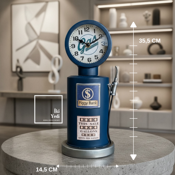 RK66 Mavi Retro Route 66 Benzin Pompası 35 cm Metal Masa Saati Nostaljik Hediyelik Ofis Hediyesi
