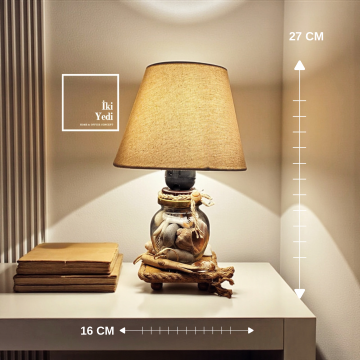 Denzel 772 Deniz Kabuklu Ahşap Tabanlı Masa Lambası 27 cm Dekoratif Abajur Denizcilik Konsept Ev İş