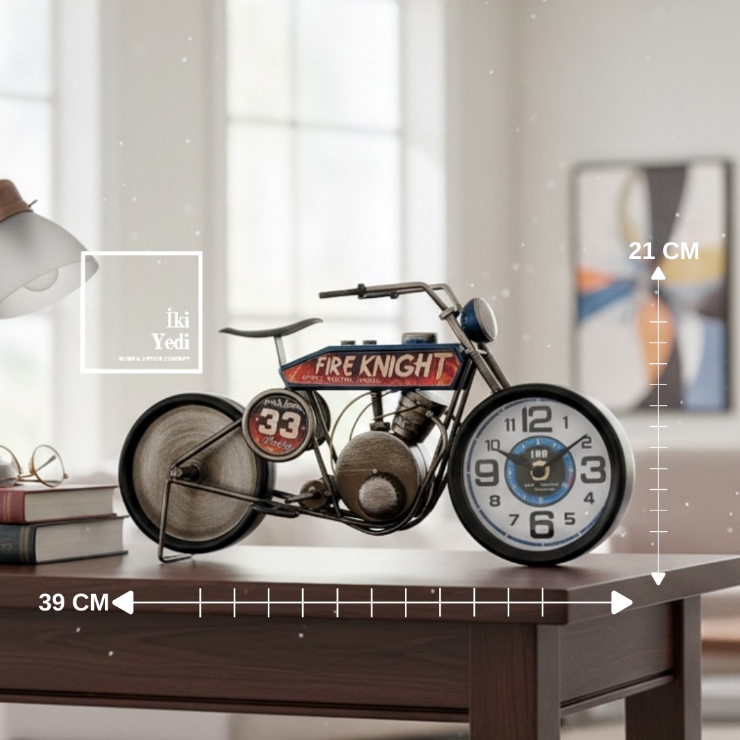 Fire Knight 33 Motosiklet Masa Saati, Retro Metal Dekor Ofis ve Ev için Özel Tasarım Obje Hediyelik