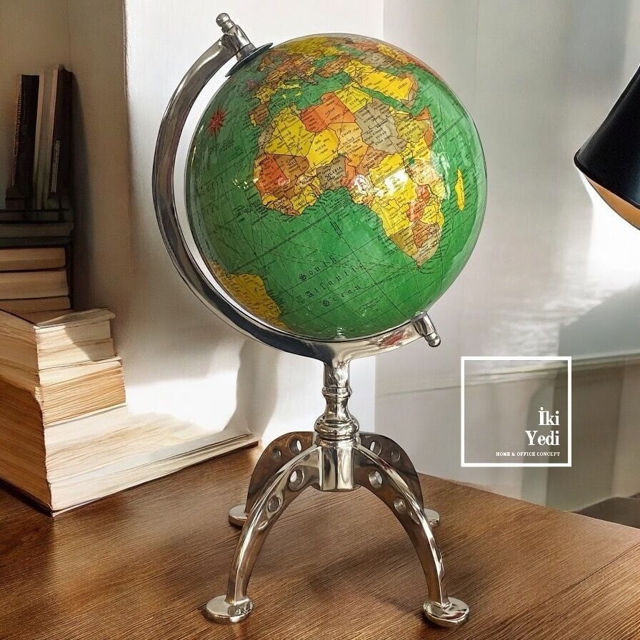 Michigan Krom Ayaklı 40 cm Yeşil Dünya Küresi, Lüks Antik Yerküre, Ofis Dekoratif Hediyelik Obje