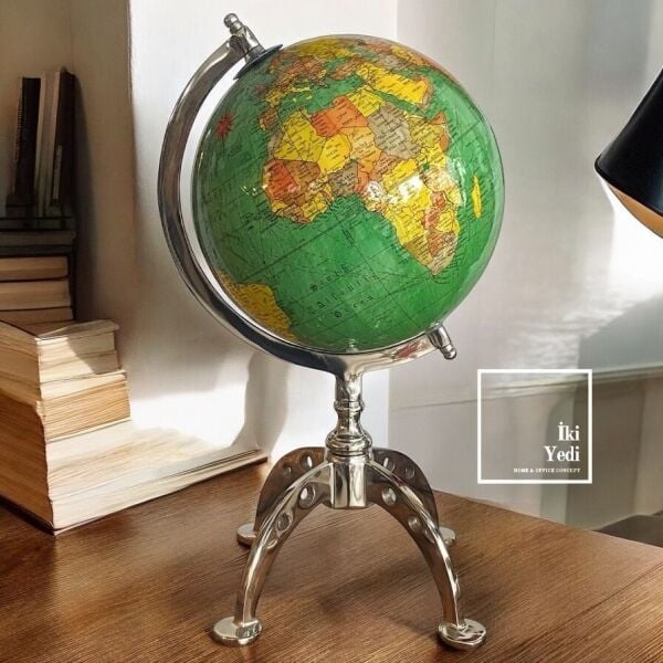 Michigan Krom Ayaklı 40 cm Yeşil Dünya Küresi, Lüks Antik Yerküre, Ofis Dekoratif Hediyelik Obje
