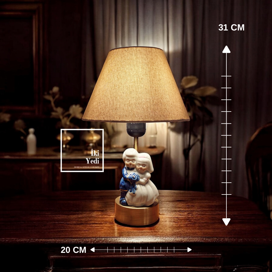 Churtov 771 Gelin Damat Temalı Masa Lambası, 31 cm Porselen Gövdeli Abajur Dekoratif Aydınlatma Ev