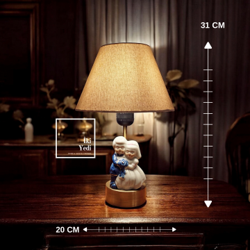 Churtov 771 Gelin Damat Temalı Masa Lambası, 31 cm Porselen Gövdeli Abajur Dekoratif Aydınlatma Ev