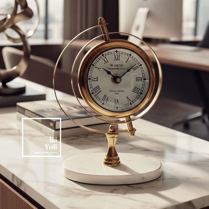 Rowan Cam Küreli Mermer Kaideli Gold Altın Lüks Masa Saati Masa Konsol Üstü Saat Ev Ofis Hediyesi