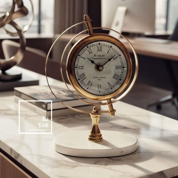 Rowan Cam Küreli Mermer Kaideli Gold Altın Lüks Masa Saati Masa Konsol Üstü Saat Ev Ofis Hediyesi