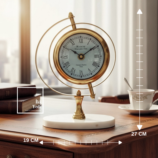 Rowan Cam Küreli Mermer Kaideli Gold Altın Lüks Masa Saati Masa Konsol Üstü Saat Ev Ofis Hediyesi