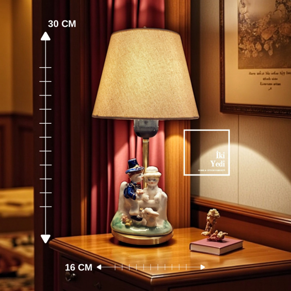 Churtov 772 Porselen Figürlü Abajur, 30 cm Dekoratif Gece Lambası, Retro Tasarım Masa Lambası Ev İş