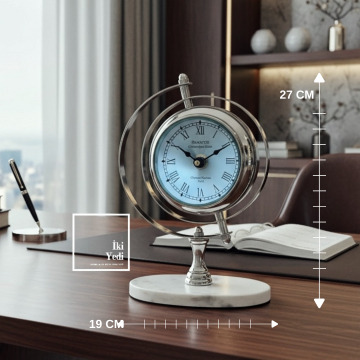 Rowan Cam Küreli Mermer Kaideli Krom Gri Gümüş Renk Lüks Masa Saati Konsol Üstü Ev Ofis Hediyesi