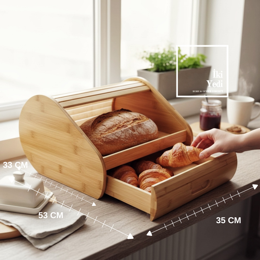 Boerum Hakiki Bambu Ekmeklik Sürgülü Ekmek Kutusu Mutfak Tezgah Üstü Doğal Mutfak Ev Ahşap Konsept
