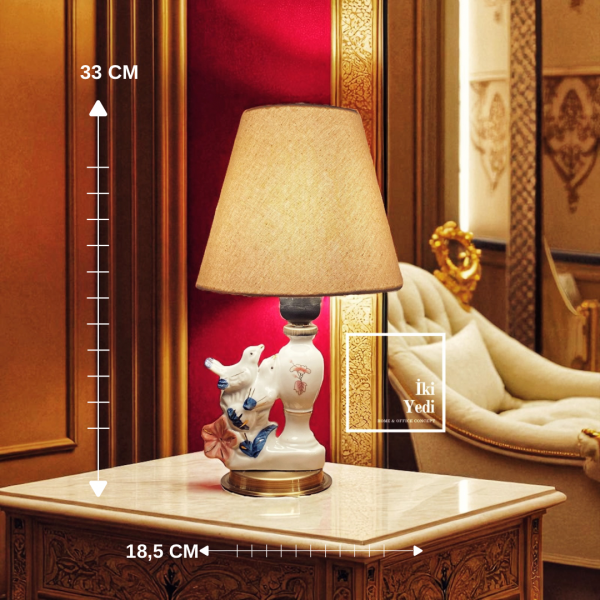 Pratt Porselen Kuş Figürlü Abajur, 33 cm Masa Lambası, Lüks Dekoratif Aydınlatma Ev Hediyesi Obje