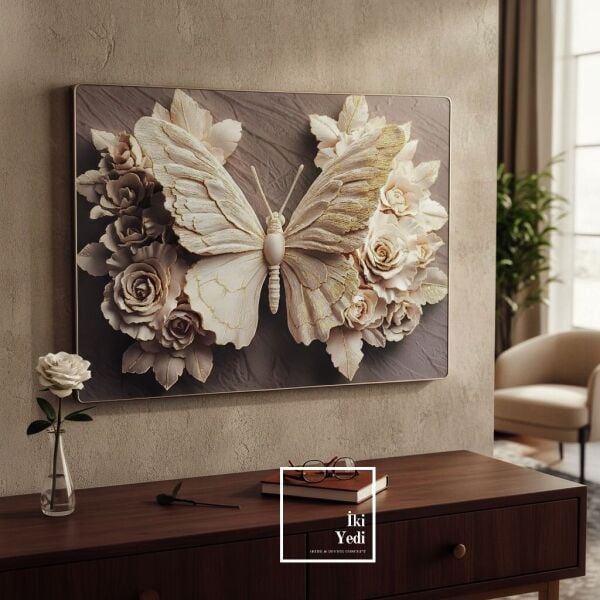 Bistrom Kabartmalı Altın Detaylı Kelebek Figürlü Duvar Tablosu Lüks Duvar Dekorasyonu 80x60 cm Art