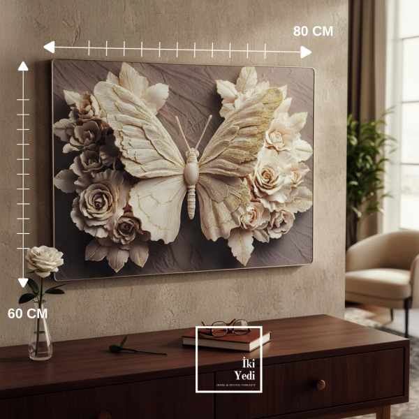 Bistrom Kabartmalı Altın Detaylı Kelebek Figürlü Duvar Tablosu Lüks Duvar Dekorasyonu 80x60 cm Art