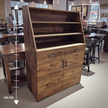 Gimenez Rustik Ahşap Servant, 160 cm Yükseklik, Çekmeceli ve Raflı Dolap, Cafe ve Restoran Servis Mobilyası, Depolama Ünitesi