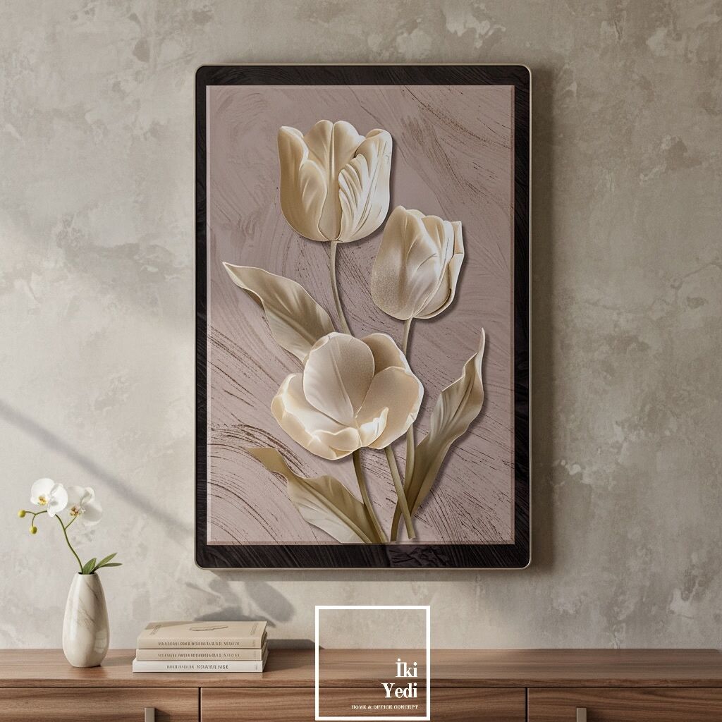 Livius Kabartmalı Lale Motifli Duvar Tablosu, Alüminyum Çerçeveli Lüks Ev Salon Ofis Dekoru 40x60