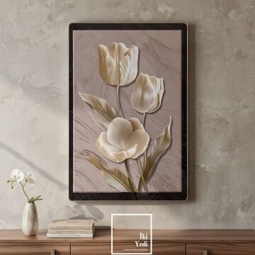 Livius Kabartmalı Lale Motifli Duvar Tablosu, Alüminyum Çerçeveli Lüks Ev Salon Ofis Dekoru 40x60