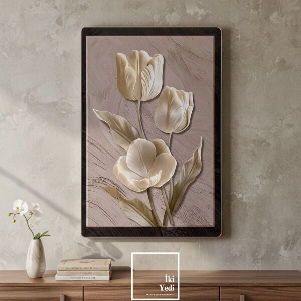 Livius Kabartmalı Lale Motifli Duvar Tablosu, Alüminyum Çerçeveli Lüks Ev Salon Ofis Dekoru 40x60