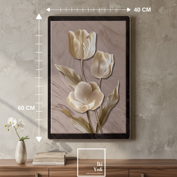 Livius Kabartmalı Lale Motifli Duvar Tablosu, Alüminyum Çerçeveli Lüks Ev Salon Ofis Dekoru 40x60