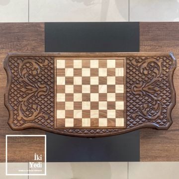 Aslanlı Oymalı Masif Ağaç Tavla Takımı Ahşap Satranç ve Dama Çift Taraflı Antik Lüks Koleksiyon