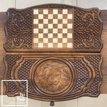 Aslanlı Oymalı Masif Ağaç Tavla Takımı Ahşap Satranç ve Dama Çift Taraflı Antik Lüks Koleksiyon