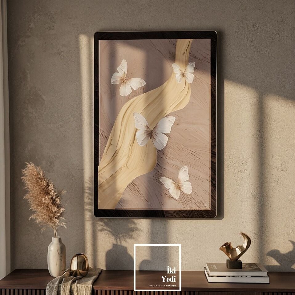 Lujas Kabartma Kelebek Figürlü Duvar Tablosu Altın Detaylı Lüks Dekorasyon Salon ve Ofis Duvar Süsü