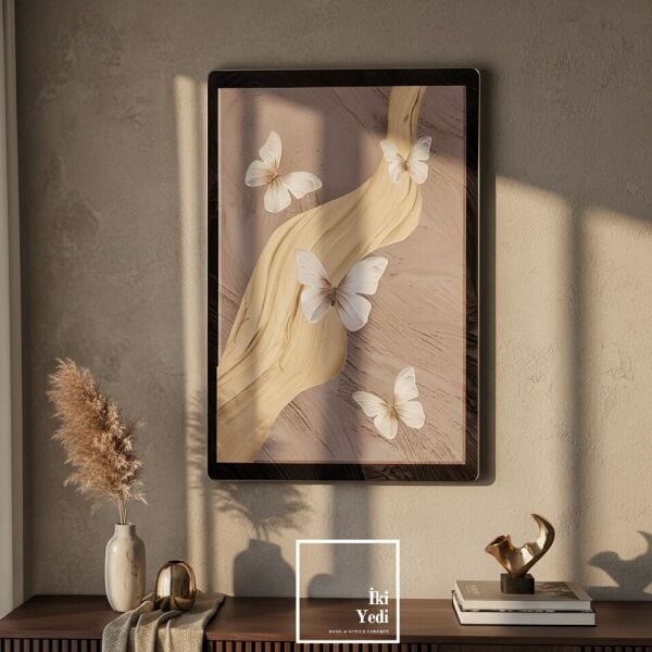 Lujas Kabartma Kelebek Figürlü Duvar Tablosu Altın Detaylı Lüks Dekorasyon Salon ve Ofis Duvar Süsü