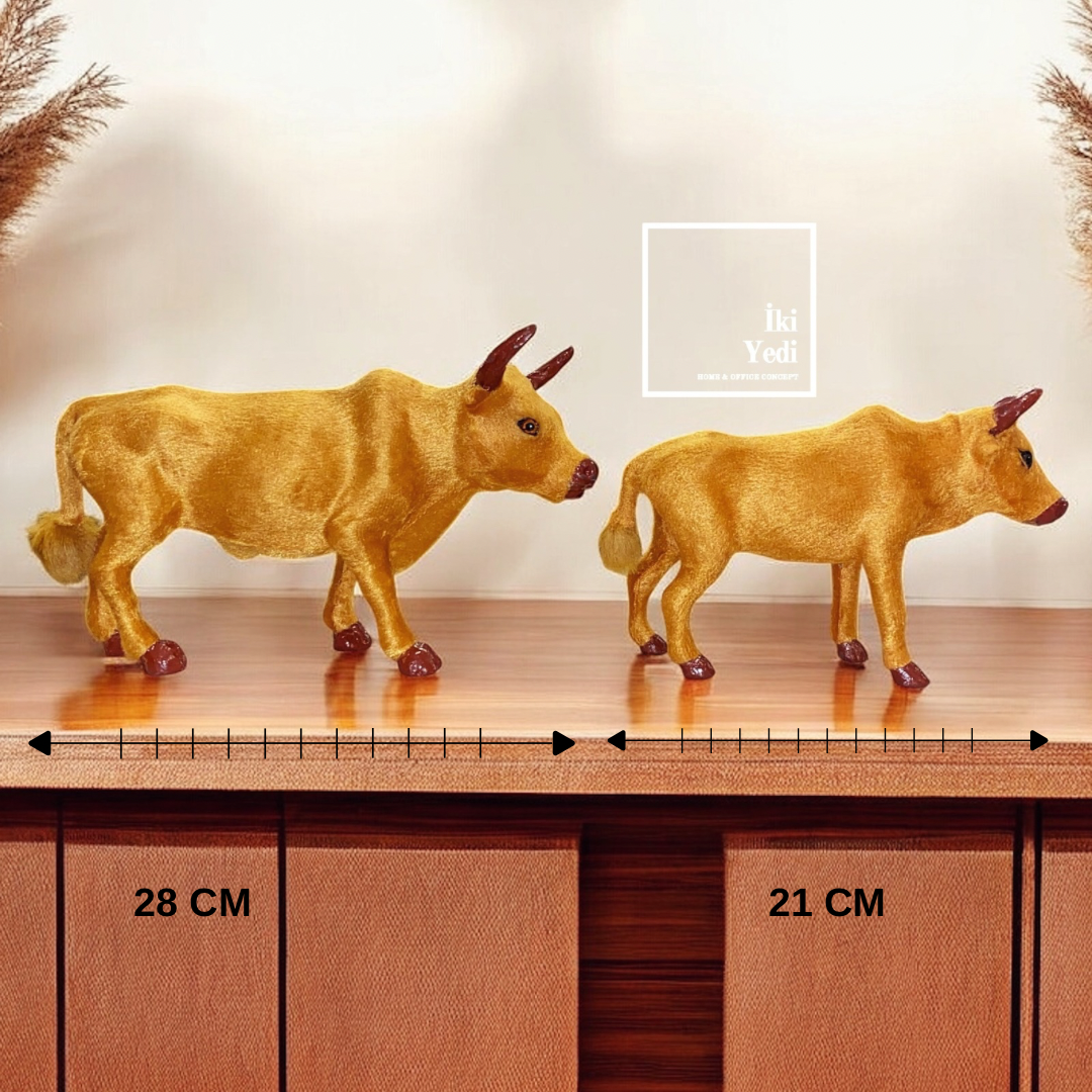 Hunlee Dekoratif İnek Figürü İkili Set, Pelüş Kaplama Biblo Kahverengi Hediyelik Obje 28 cm & 21 cm
