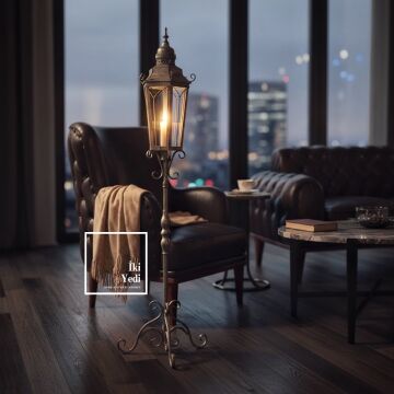 Nancarrow Vintage Büyük Ayaklı Mumluk Fener 125 cm Metal Dekoratif Şamdan Salon Ofis Köşe Dekorları