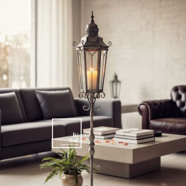 Nancarrow Vintage Büyük Ayaklı Mumluk Fener 125 cm Metal Dekoratif Şamdan Salon Ofis Köşe Dekorları