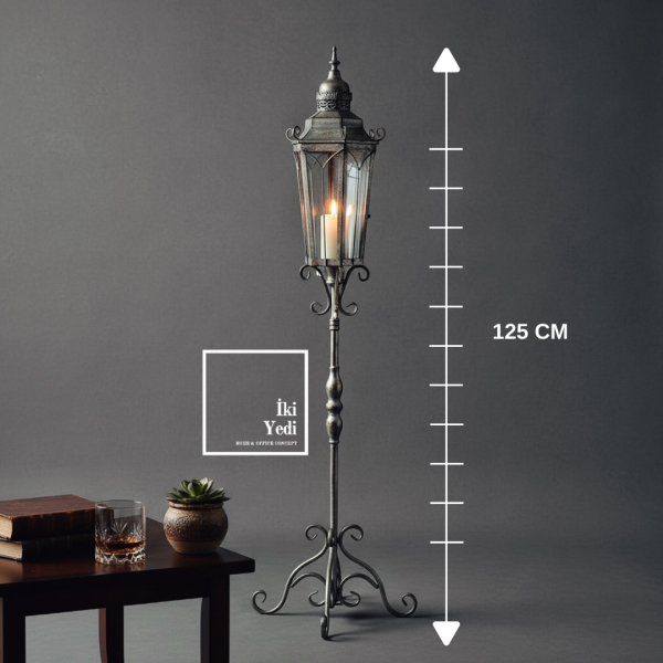 Nancarrow Vintage Büyük Ayaklı Mumluk Fener 125 cm Metal Dekoratif Şamdan Salon Ofis Köşe Dekorları