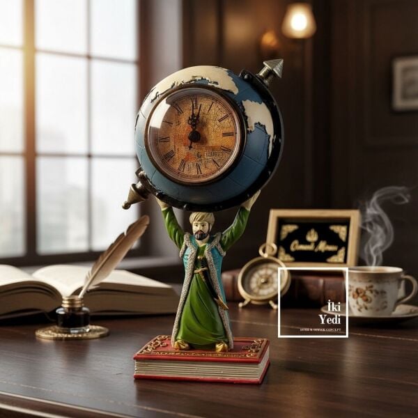 Fatih Sultan Mehmet Figürlü Dünya Küreli Masa Saati Osmanlı Temalı Ofis Dekoru Tarihi Hediyelik Şık