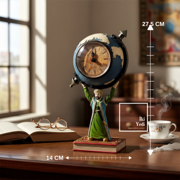 Fatih Sultan Mehmet Figürlü Dünya Küreli Masa Saati Osmanlı Temalı Ofis Dekoru Tarihi Hediyelik Şık