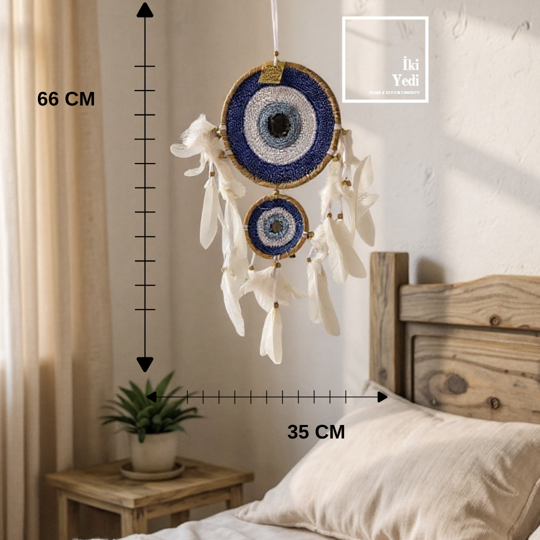 Dreamcatcher 77-3 Çift Halkalı Nazar Boncuğu Tüy Detaylı El Yapımı Duvar Süsü Dekoratif Aksesuar