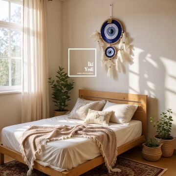 Dreamcatcher 77-3 Çift Halkalı Nazar Boncuğu Tüy Detaylı El Yapımı Duvar Süsü Dekoratif Aksesuar